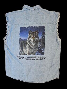 VTG‎ 90s Sturgis Biker Wolf Button Up Sleeveless Denim Shirt Frayed Sz L 1999